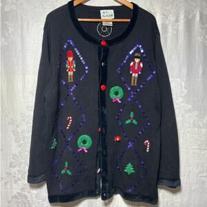 The Quacker Factory Cardigan Sweater 1X Black Nutcracker Sequin Holiday